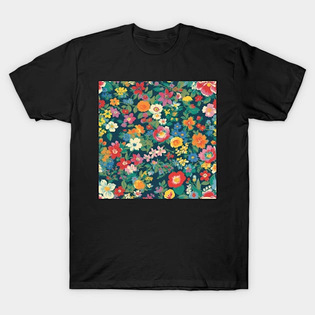 Cheerful Wildflowers, Blue, Red, Orange, Pink, and Yellow Flowers T-Shirt by VintageFlorals